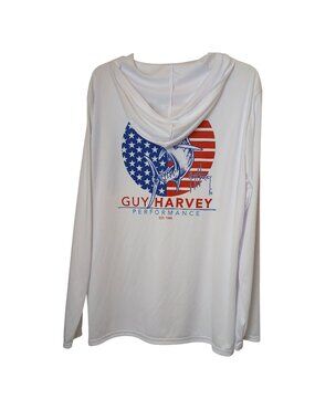 Guy Harvey Large Bright White Hoodie American Flag Marlin LS Fishing Shirt #D-37